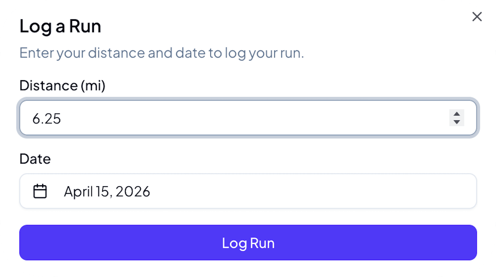 RunnersRun run logging modal showing date and distance fields