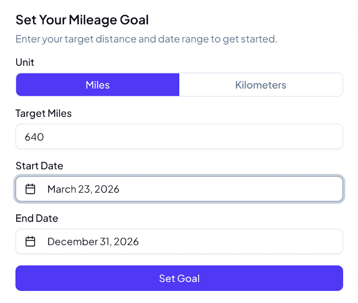 RunnersRun goal creation modal showing mileage target, start date, and end date fields